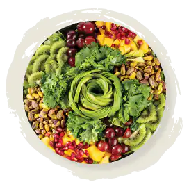 Green Bowl gourmet salad with lentils, avocado rose and pomegranate