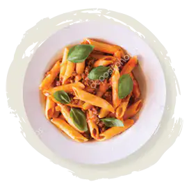 Penne pasta salad with tomato sauce and basil