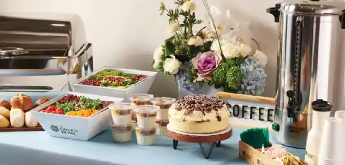 Kosher bris breakfast buffet with coffee urn and pastries