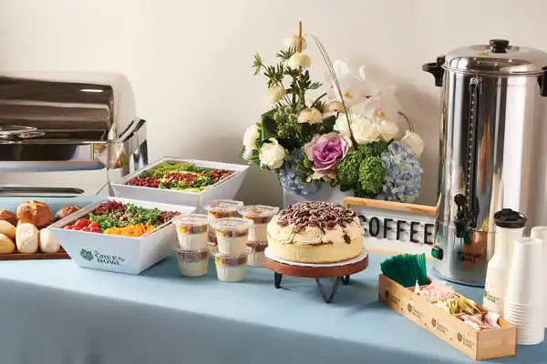 Kosher bris breakfast buffet with coffee urn and pastries