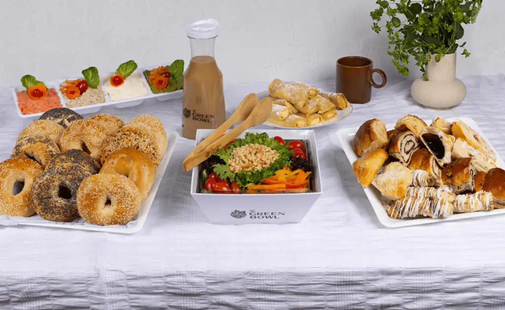 Brunch platters with bagels, fish and salads