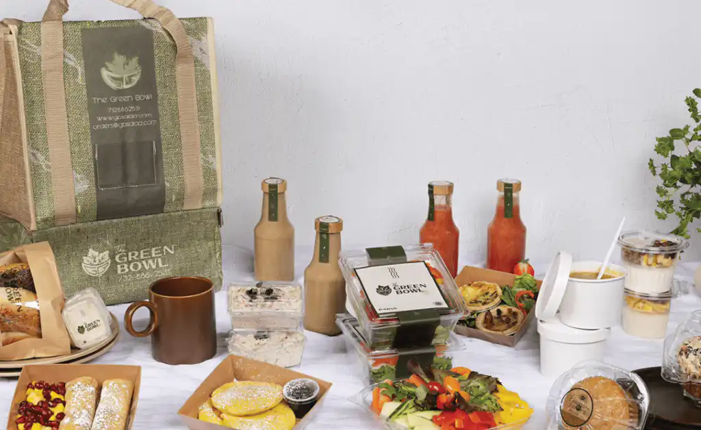 Brunch buffet with pastries, juices and dips