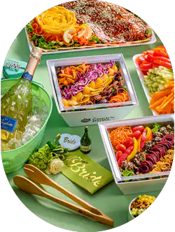 Assorted catering salads with chopsticks and drinks