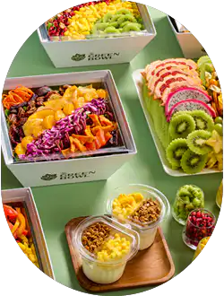 Colorful salad boxes and fruit cups for events
